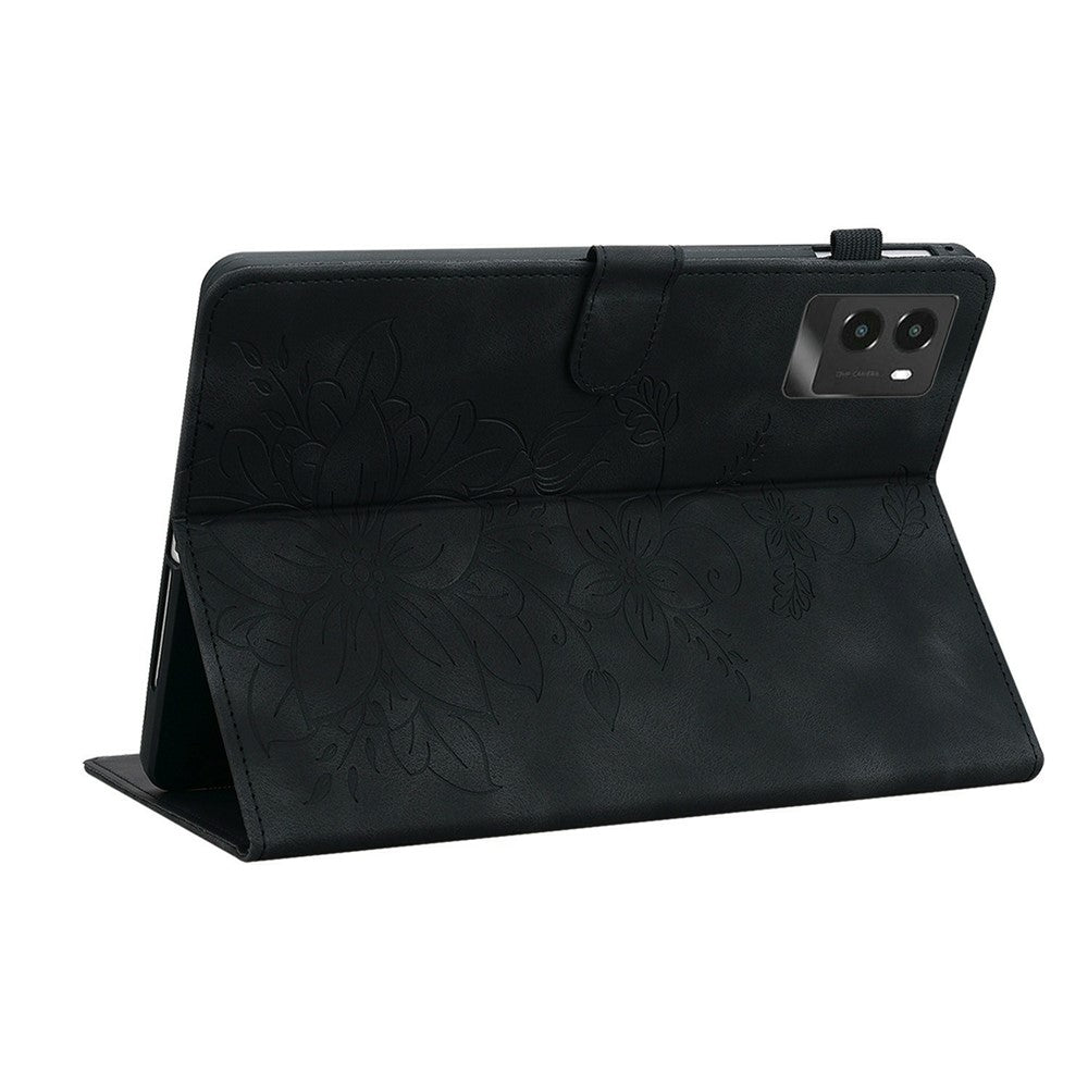 For Lenovo Legion Y700 (2025) Case Lily Flower Imprint Card Slots Leather Tablet Cover - Black