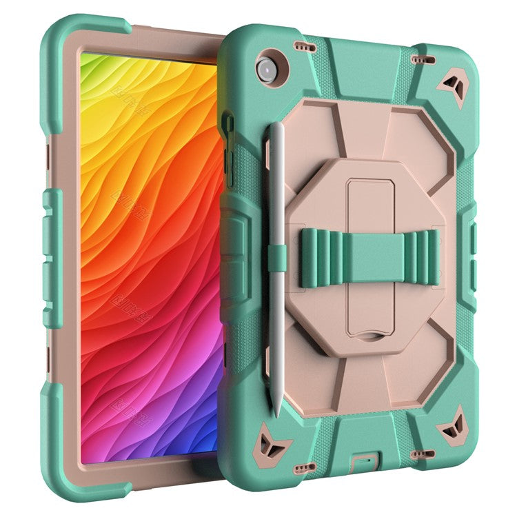 For Samsung Galaxy Tab A9+ Case with Kickstand Wrist Strap PC + Silicone Tablet Cover - Green + Pink