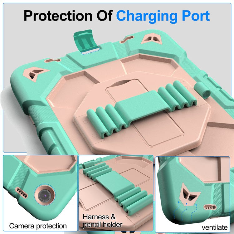 For Samsung Galaxy Tab A9+ Case with Kickstand Wrist Strap PC + Silicone Tablet Cover - Green + Pink