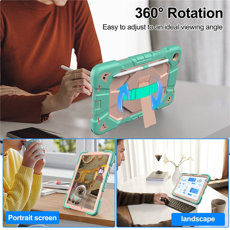 For Samsung Galaxy Tab A9+ Case with Kickstand Wrist Strap PC + Silicone Tablet Cover - Green + Pink
