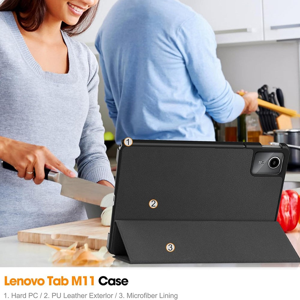 For Lenovo Tab M11  /  K11 Case Tri-Fold Stand PU Leather Tablet Cover with 2.5D Tempered Glass Screen Protector - Black