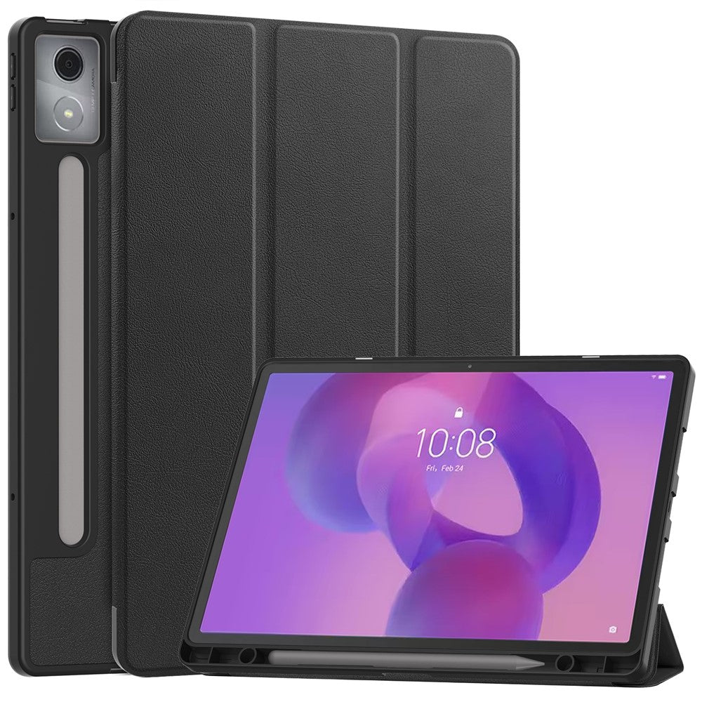 For Lenovo Idea Tab Pro Case Tri-Fold Stand Leather + PC Tablet Cover with Pen Holder - Black
