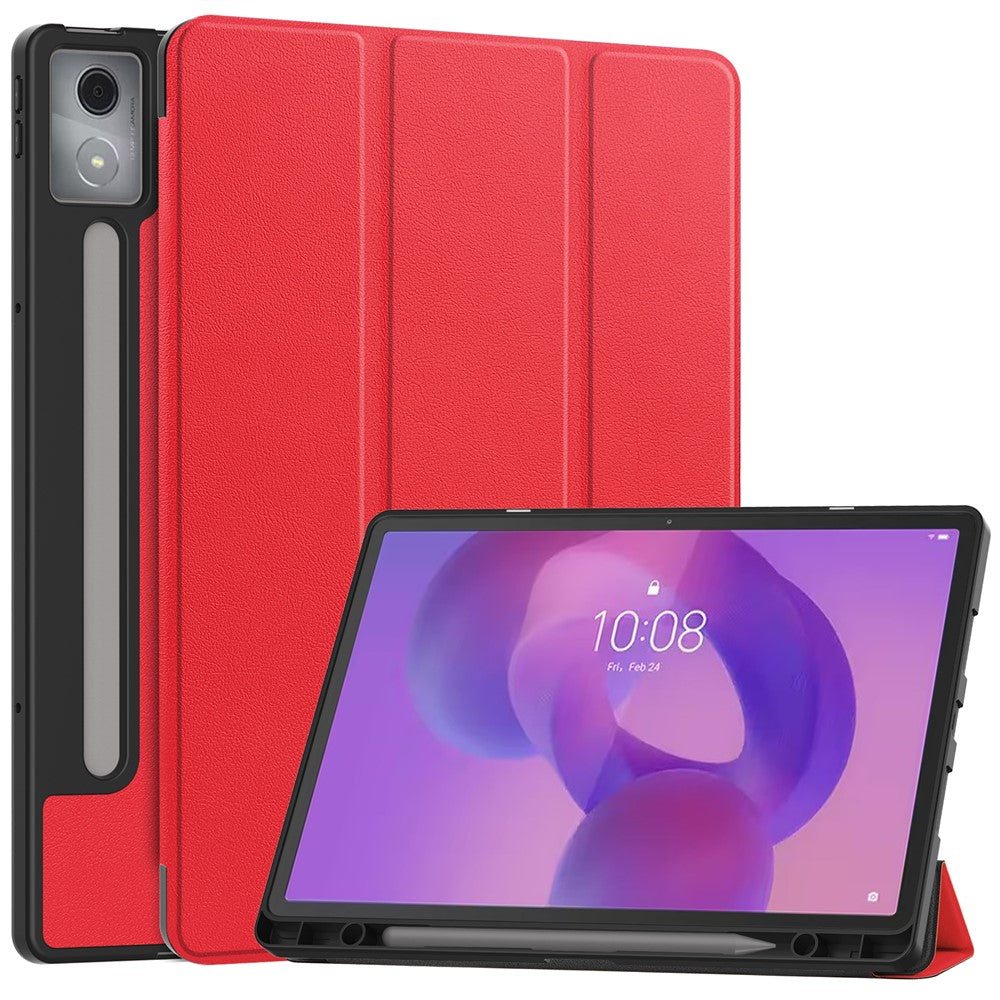 For Lenovo Idea Tab Pro Case Tri-Fold Stand Leather + PC Tablet Cover with Pen Holder - Red
