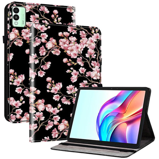For TECNO Megapad 11 Leather Case Pattern Printed Stand Tablet Cover with Card Slots - Plum Blossom