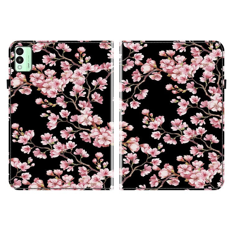 For TECNO Megapad 11 Leather Case Pattern Printed Stand Tablet Cover with Card Slots - Plum Blossom