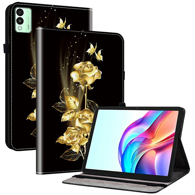 For TECNO Megapad 11 Leather Case Pattern Printed Stand Tablet Cover with Card Slots - Gold Butterfly Rose