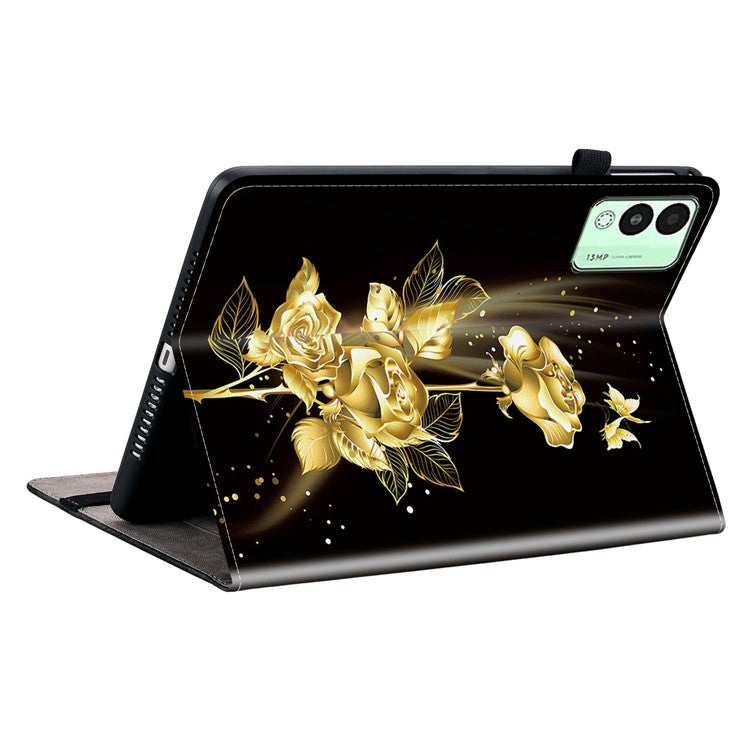 For TECNO Megapad 11 Leather Case Pattern Printed Stand Tablet Cover with Card Slots - Gold Butterfly Rose