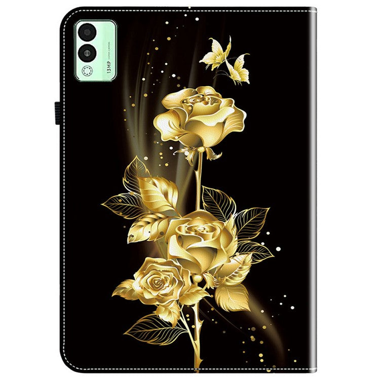For TECNO Megapad 11 Leather Case Pattern Printed Stand Tablet Cover with Card Slots - Gold Butterfly Rose