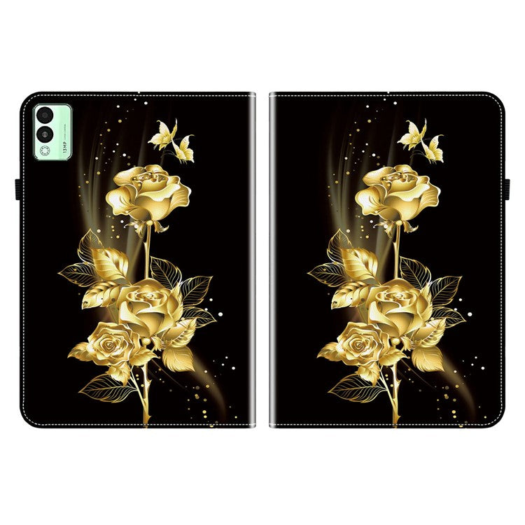 For TECNO Megapad 11 Leather Case Pattern Printed Stand Tablet Cover with Card Slots - Gold Butterfly Rose