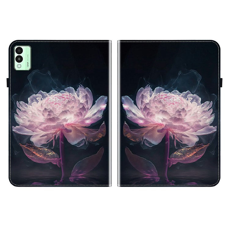 For TECNO Megapad 11 Leather Case Pattern Printed Stand Tablet Cover with Card Slots - Purple Peony