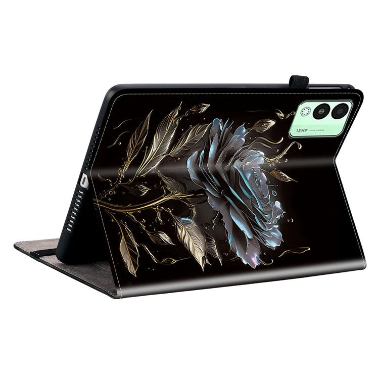 For TECNO Megapad 11 Leather Case Pattern Printed Stand Tablet Cover with Card Slots - Black Rose