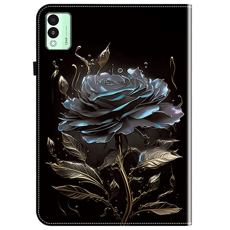 For TECNO Megapad 11 Leather Case Pattern Printed Stand Tablet Cover with Card Slots - Black Rose