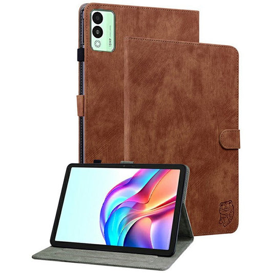 For TECNO Megapad 11 Case Tiger Imprint Anti-Scratch PU Leather Tablet Cover - Brown