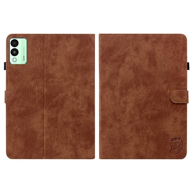 For TECNO Megapad 11 Case Tiger Imprint Anti-Scratch PU Leather Tablet Cover - Brown