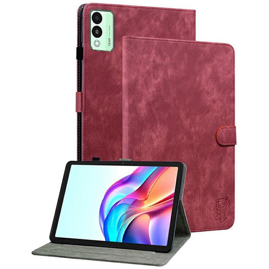 For TECNO Megapad 11 Case Tiger Imprint Anti-Scratch PU Leather Tablet Cover - Red