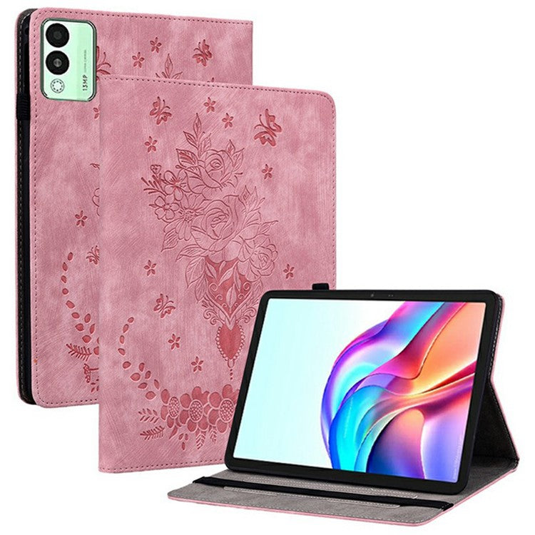 For TECNO Megapad 11 Case Card Holder Anti-Scratch Leather Cover Rose Flower Imprint - Pink
