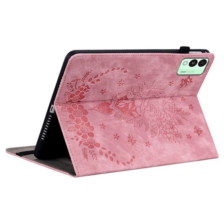 For TECNO Megapad 11 Case Card Holder Anti-Scratch Leather Cover Rose Flower Imprint - Pink