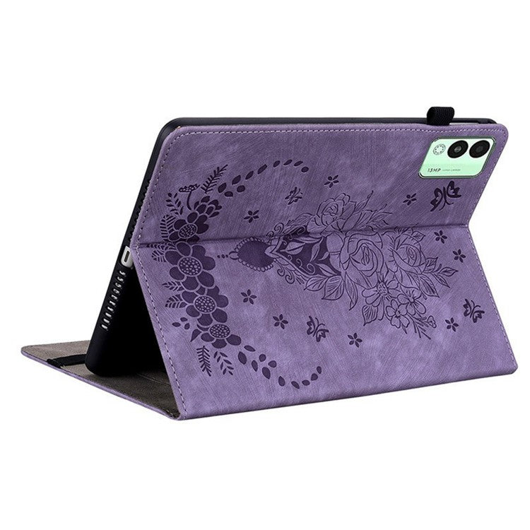 For TECNO Megapad 11 Case Card Holder Anti-Scratch Leather Cover Rose Flower Imprint - Purple