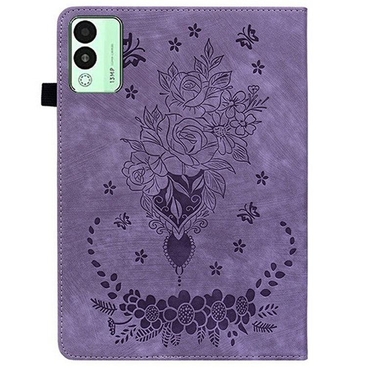 For TECNO Megapad 11 Case Card Holder Anti-Scratch Leather Cover Rose Flower Imprint - Purple