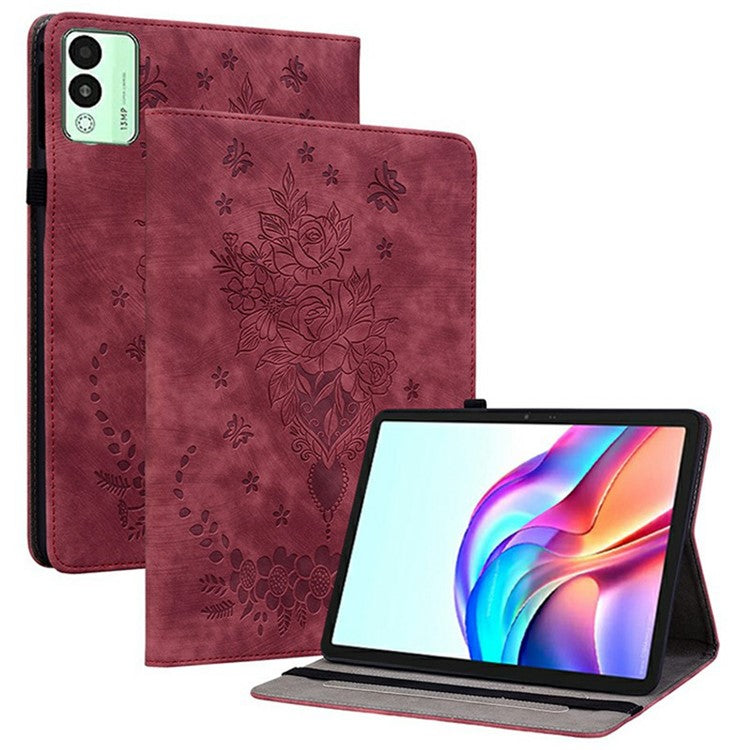 For TECNO Megapad 11 Case Card Holder Anti-Scratch Leather Cover Rose Flower Imprint - Red