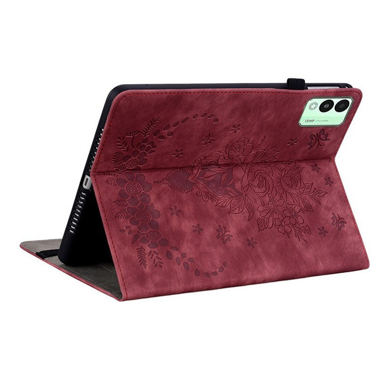 For TECNO Megapad 11 Case Card Holder Anti-Scratch Leather Cover Rose Flower Imprint - Red