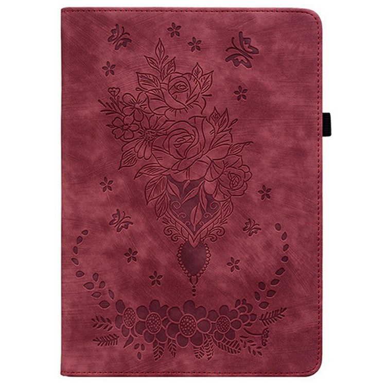 For TECNO Megapad 11 Case Card Holder Anti-Scratch Leather Cover Rose Flower Imprint - Red