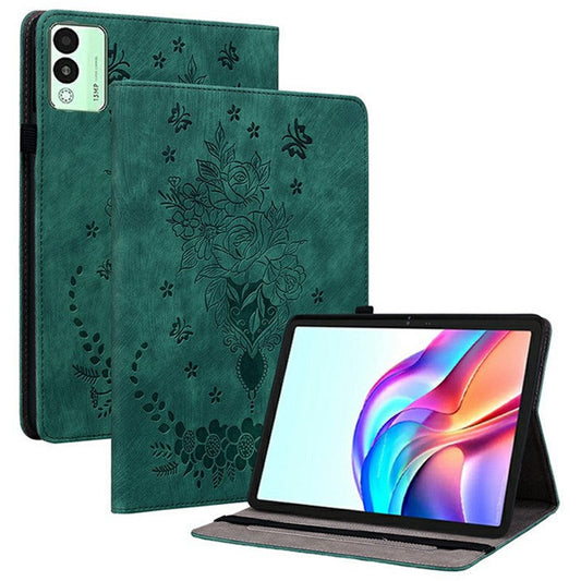 For TECNO Megapad 11 Case Card Holder Anti-Scratch Leather Cover Rose Flower Imprint - Green