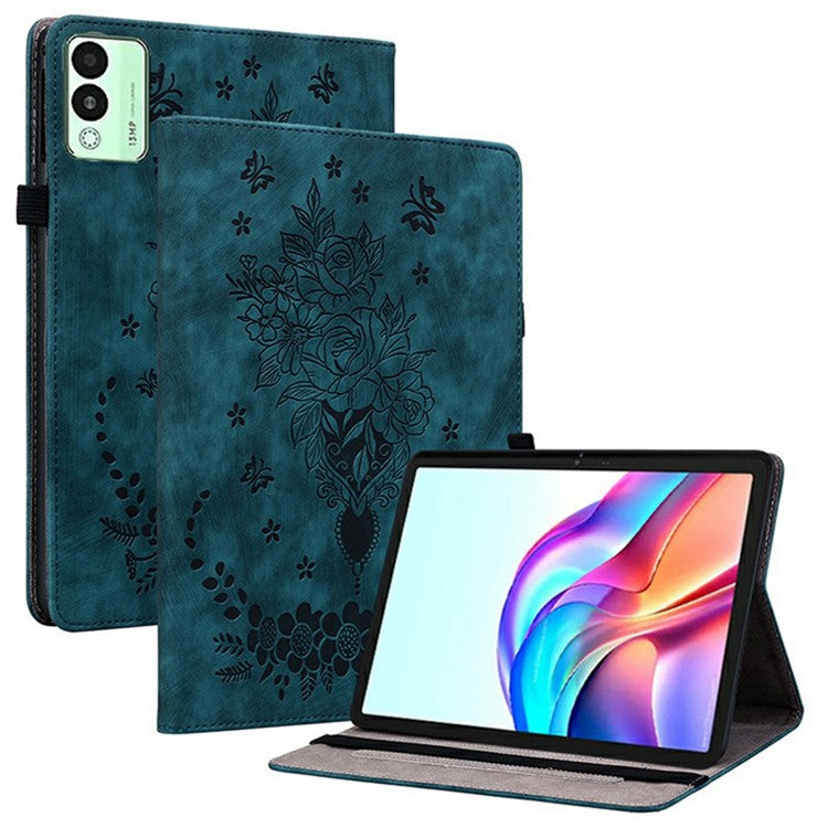 For TECNO Megapad 11 Case Card Holder Anti-Scratch Leather Cover Rose Flower Imprint - Blue