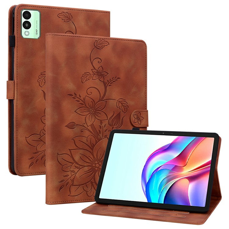For TECNO Megapad 11 Case Lily Flower Imprint Card Slots Leather Tablet Cover - Brown