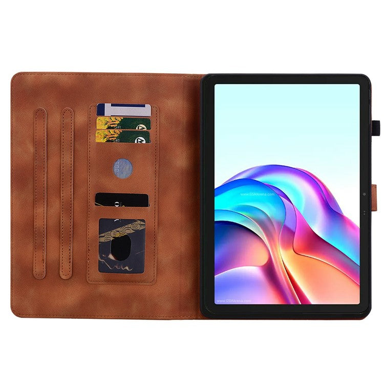 For TECNO Megapad 11 Case Lily Flower Imprint Card Slots Leather Tablet Cover - Brown