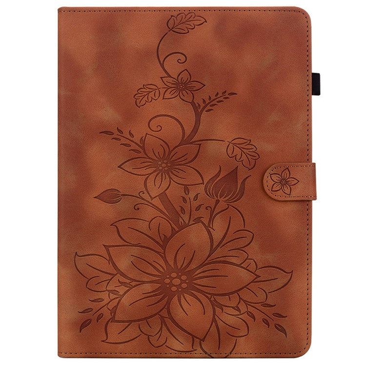 For TECNO Megapad 11 Case Lily Flower Imprint Card Slots Leather Tablet Cover - Brown