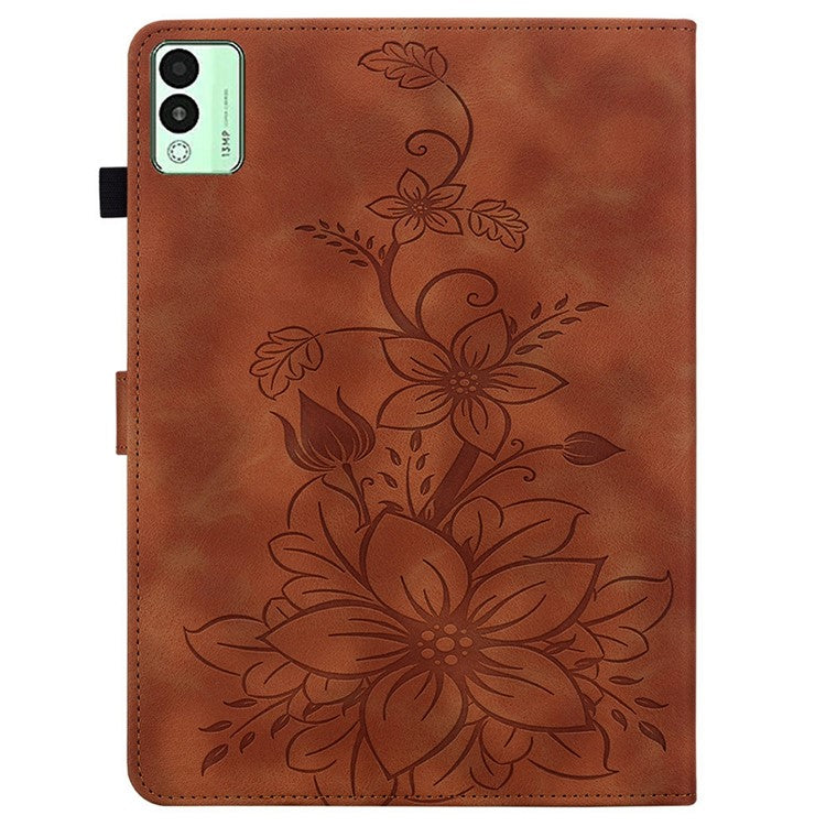 For TECNO Megapad 11 Case Lily Flower Imprint Card Slots Leather Tablet Cover - Brown