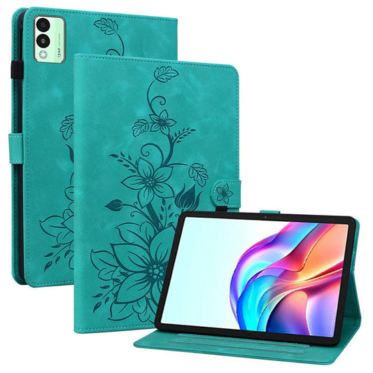 For TECNO Megapad 11 Case Lily Flower Imprint Card Slots Leather Tablet Cover - Green