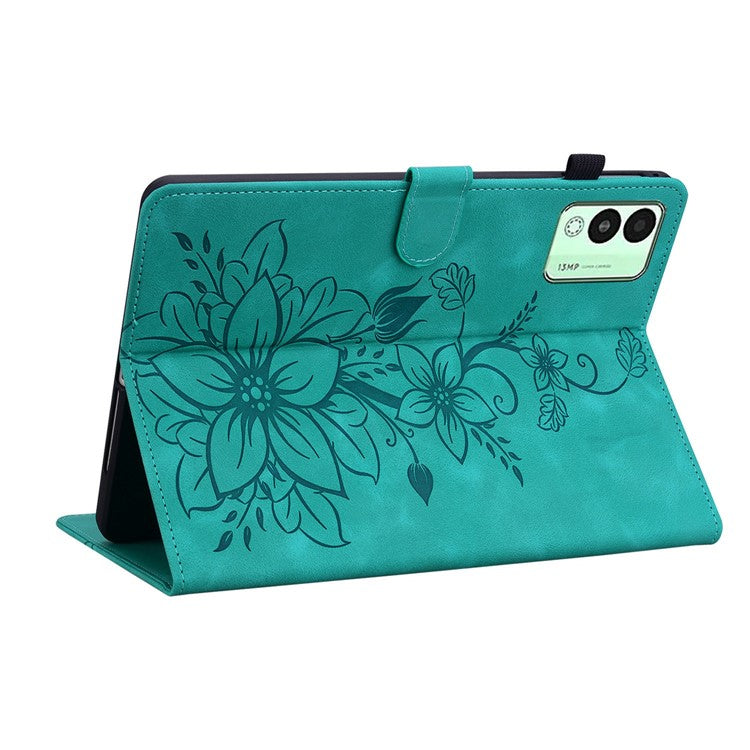 For TECNO Megapad 11 Case Lily Flower Imprint Card Slots Leather Tablet Cover - Green