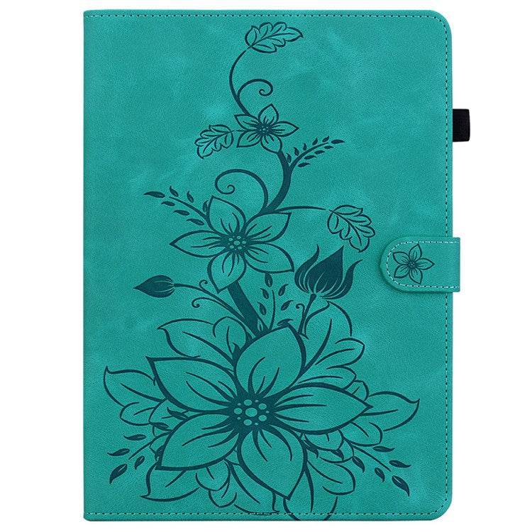 For TECNO Megapad 11 Case Lily Flower Imprint Card Slots Leather Tablet Cover - Green