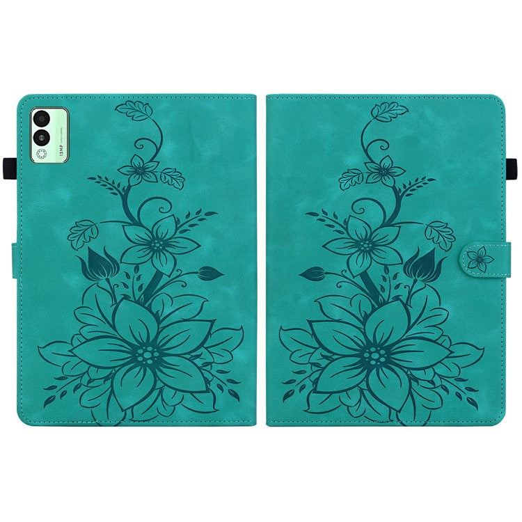For TECNO Megapad 11 Case Lily Flower Imprint Card Slots Leather Tablet Cover - Green