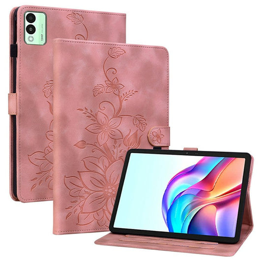 For TECNO Megapad 11 Case Lily Flower Imprint Card Slots Leather Tablet Cover - Pink