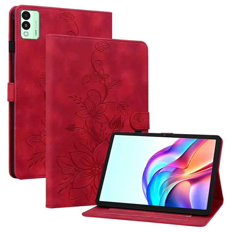 For TECNO Megapad 11 Case Lily Flower Imprint Card Slots Leather Tablet Cover - Red