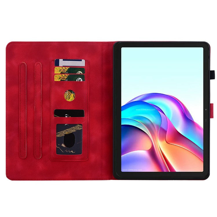 For TECNO Megapad 11 Case Lily Flower Imprint Card Slots Leather Tablet Cover - Red