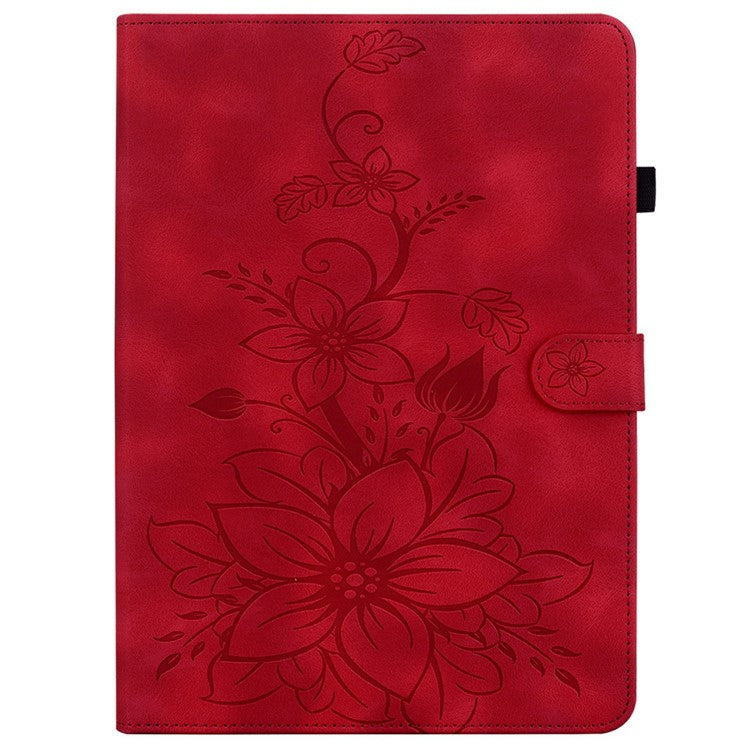 For TECNO Megapad 11 Case Lily Flower Imprint Card Slots Leather Tablet Cover - Red