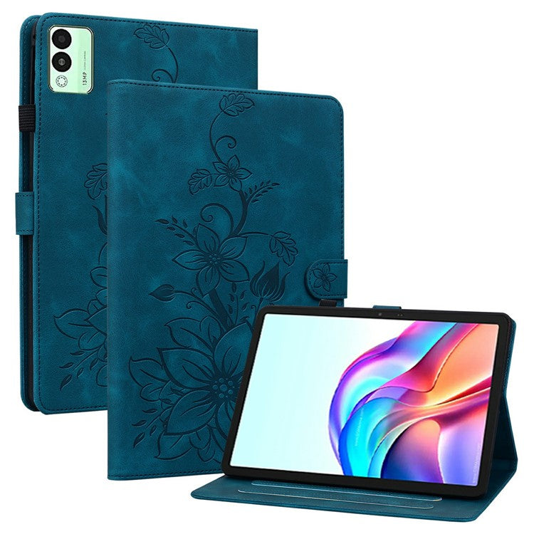 For TECNO Megapad 11 Case Lily Flower Imprint Card Slots Leather Tablet Cover - Blue