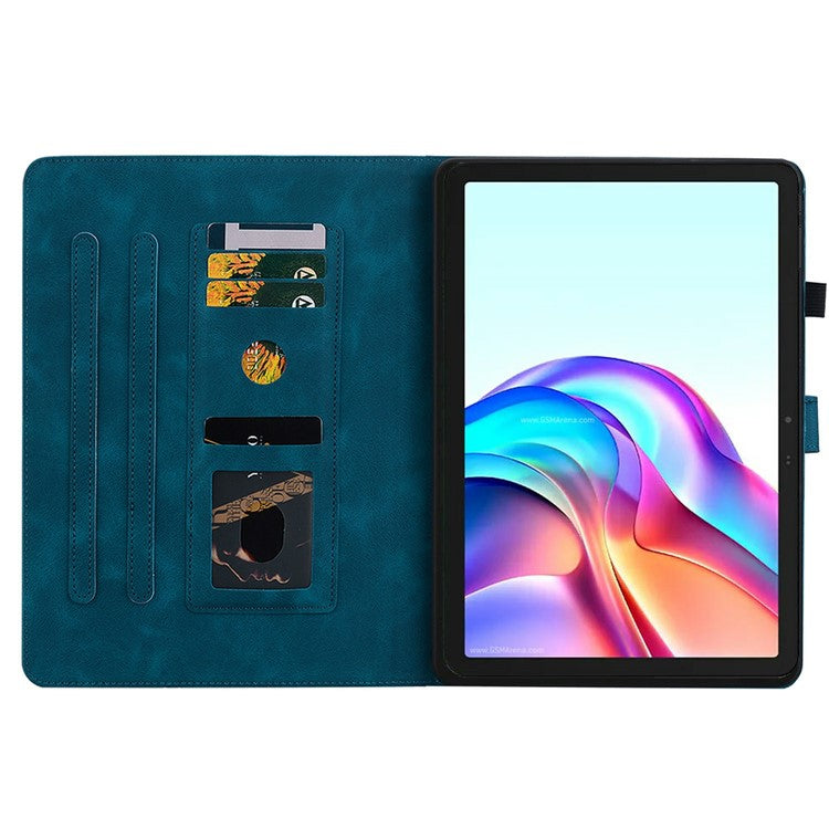 For TECNO Megapad 11 Case Lily Flower Imprint Card Slots Leather Tablet Cover - Blue