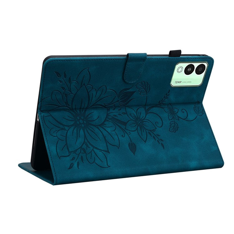 For TECNO Megapad 11 Case Lily Flower Imprint Card Slots Leather Tablet Cover - Blue