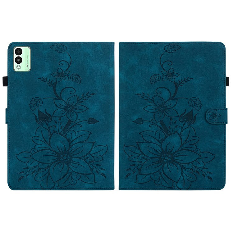 For TECNO Megapad 11 Case Lily Flower Imprint Card Slots Leather Tablet Cover - Blue