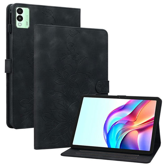 For TECNO Megapad 11 Case Lily Flower Imprint Card Slots Leather Tablet Cover - Black