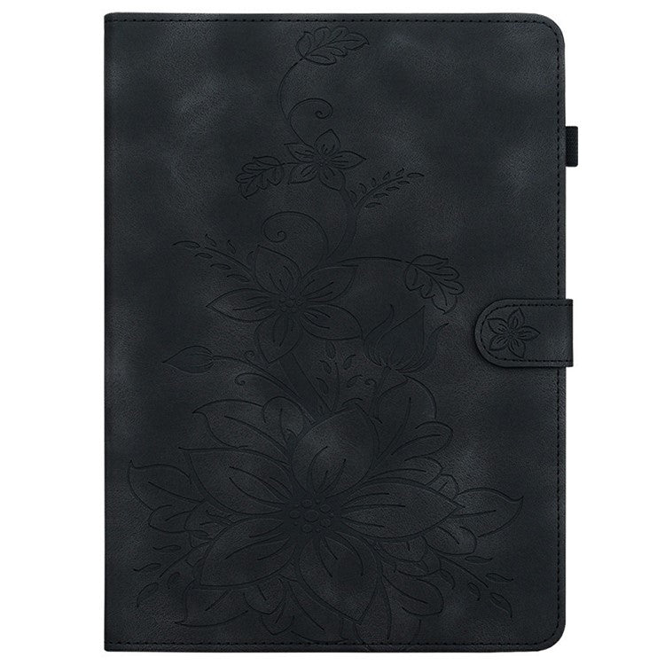 For TECNO Megapad 11 Case Lily Flower Imprint Card Slots Leather Tablet Cover - Black
