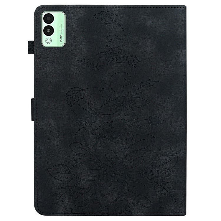 For TECNO Megapad 11 Case Lily Flower Imprint Card Slots Leather Tablet Cover - Black