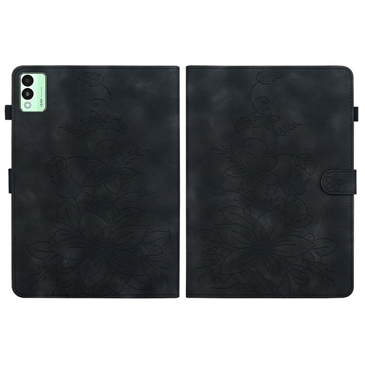 For TECNO Megapad 11 Case Lily Flower Imprint Card Slots Leather Tablet Cover - Black