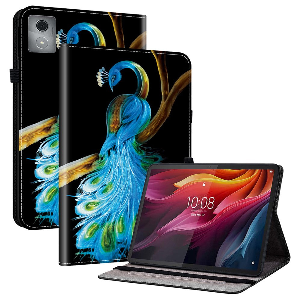 For Lenovo Tab K11 Plus  /  M11 Plus Leather Case Pattern Printed Stand Tablet Cover with Card Slots - Peacock