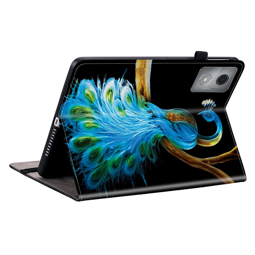 For Lenovo Tab K11 Plus  /  M11 Plus Leather Case Pattern Printed Stand Tablet Cover with Card Slots - Peacock